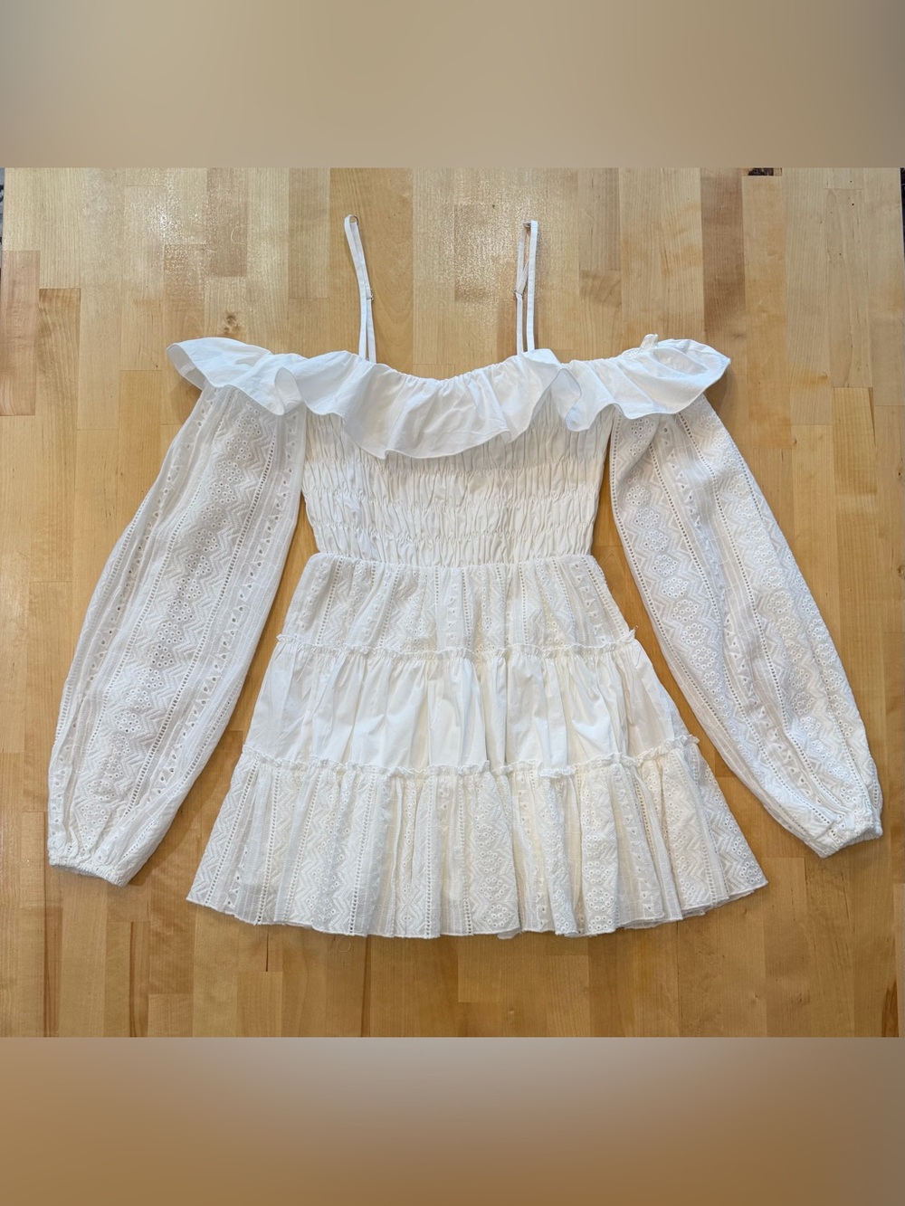 Reveuse White Eyelet Off-Shoulder Tiered Mini Dress